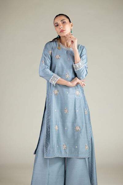 Embroidered | Raw Silk | Floral Round-Neck Kurta | USD 27.50
