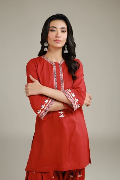 Embroidered | Cambric | Red Cambric Kurta | USD 35.00