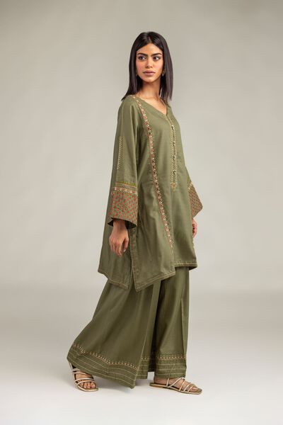 Embroidered | Cotton Dobby | Solid Olive Pants | USD 30.00