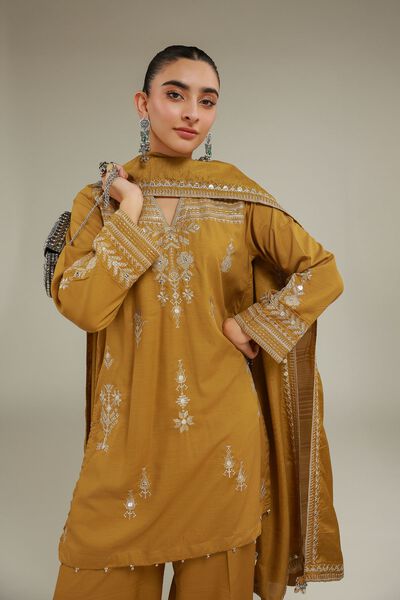 Embroidered | Raw Silk | Geometric V-Neck Kurta | USD 16.50