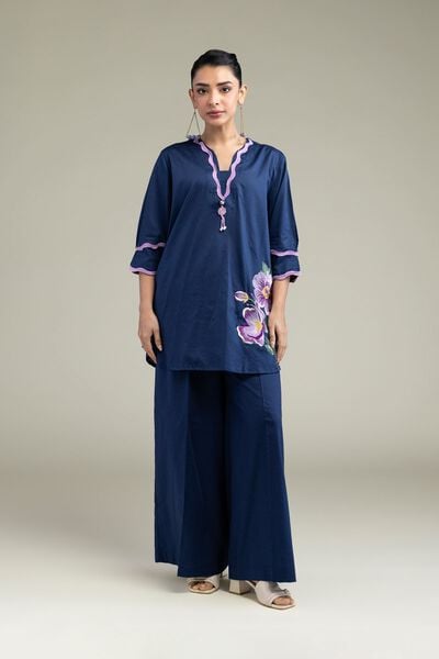 Embroidered | Cotton Dobby | Solid Navy Pants | USD 25.00