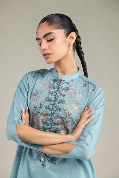 Embroidered | Cambric | Blue Floral Kurta | USD 40.00