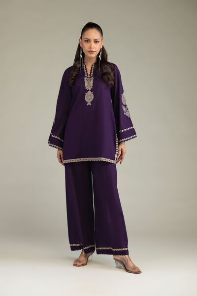 Embroidered | Cambric | Purple Cambric Pants | USD 30.00