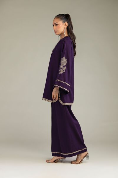 Embroidered | Cambric | Purple Cambric Pants | USD 30.00