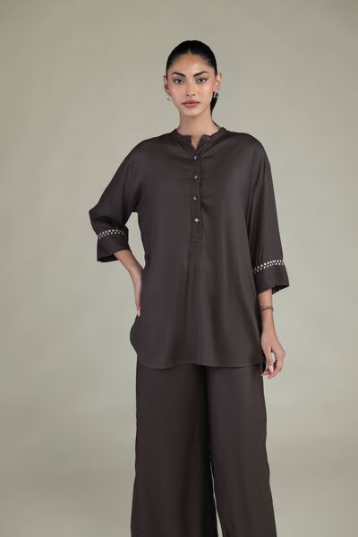 Embroidered | Viscose Crepe | Brown Viscose Shirt | USD 17.50