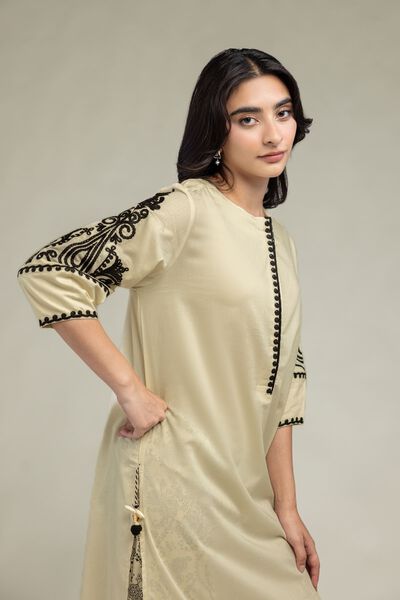 Embroidered | Cambric | Beige Round-Neck Kurta | USD 22.50