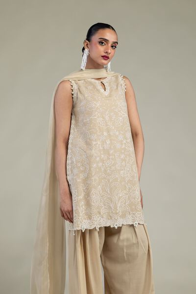 Embroidered | Raw Silk | Beige Sleeveless Kurta | USD 37.50
