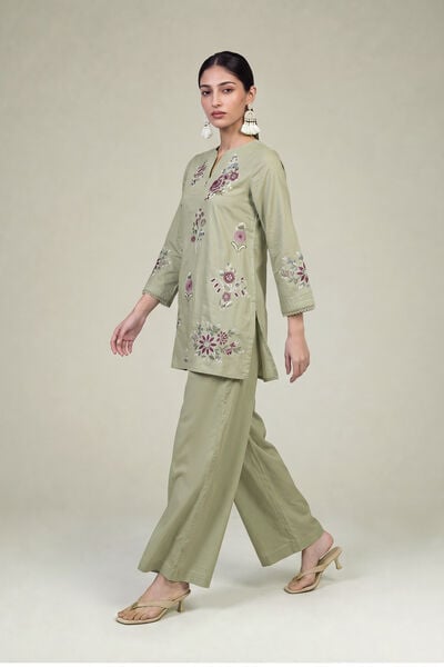 Embroidered | Cambric | Solid Olive Pants | USD 30.00
