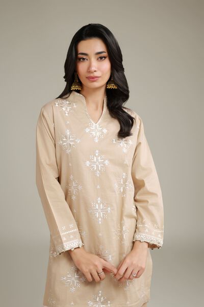 Embroidered | Cambric | Short Beige Kurta | USD 40.00