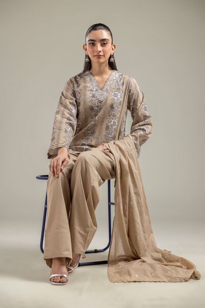 Embroidered | Cotton Dobby | Beige V-Neck Kurta | USD 35.00