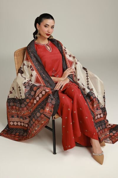 Embroidered | Raw Silk | Printed Rust Kurta | USD 30.00