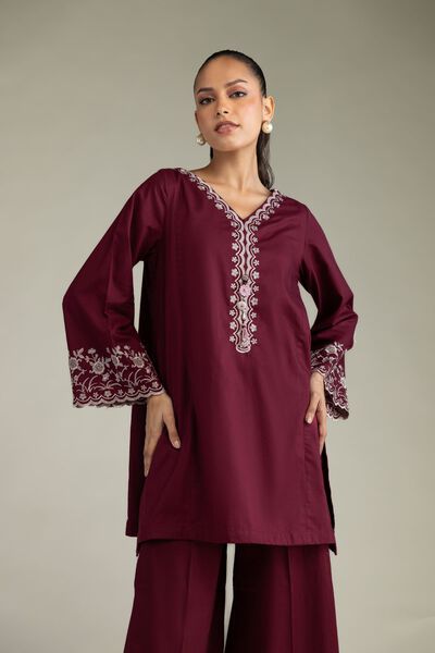 Embroidered | Cambric | Maroon Cambric Kurta | USD 40.00