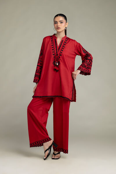 Embroidered | Cambric | Red Cambric Pants | USD 30.00