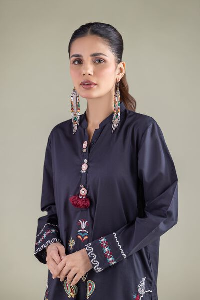 Embroidered | Cambric | Navy Pom-Pom Kurta | USD 40.00