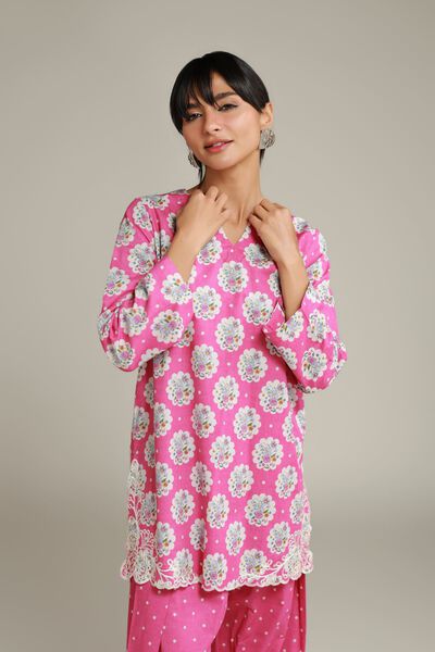Embroidered | Cotton Dobby | Floral Pink Kurta | USD 15.00