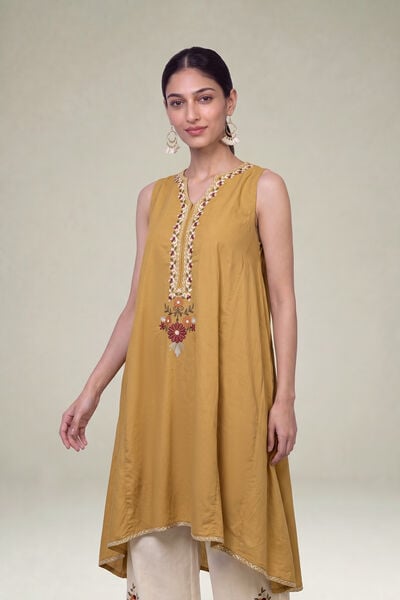 Embroidered | Cambric | Mustard Sleeveless Kurta | USD 40.00