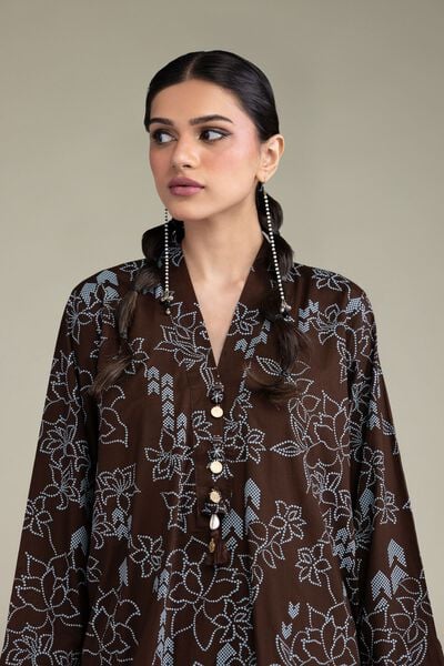 Printed | Cambric | Brown V-Neck Kurta | USD 35.00