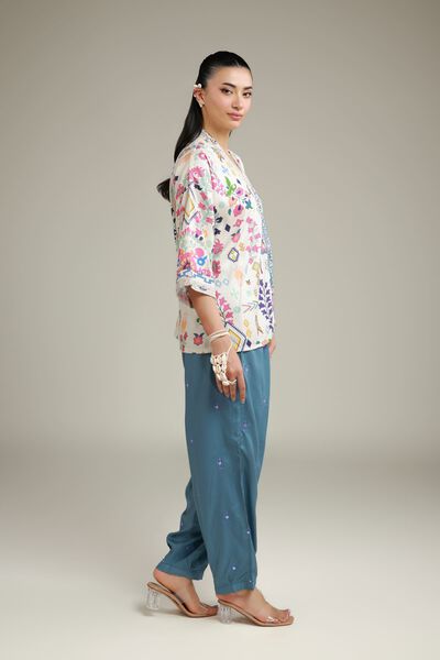 Embroidered | Viscose Crepe | Summer Teal Trousers | USD 17.50