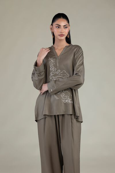 Embroidered | Viscose Crepe | Olive V-Neck Tunic | USD 17.50