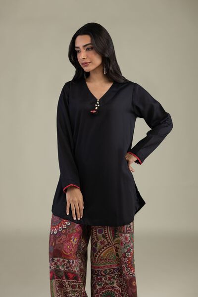Printed | Textured Weave | Black V-Neck Kurta | USD 35.00