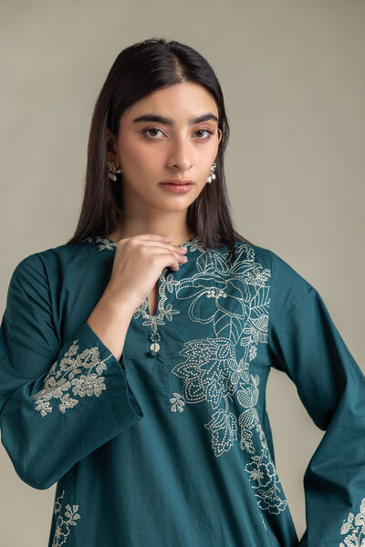 Embroidered | Cambric | Short Teal Kurta | USD 40.00