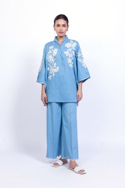 Embroidered | Cotton Dobby | Blue Summer Pants | USD 20.00