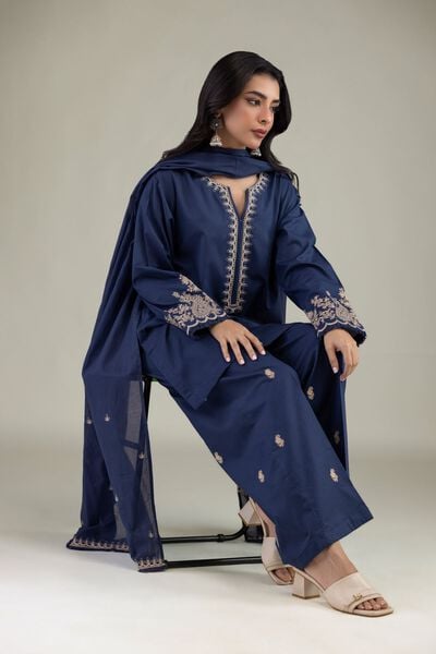 Embroidered | Cambric | Navy V-Neck Kurta | USD 35.00