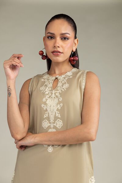 Embroidered | Cambric | Beige Sleeveless Kurta | USD 45.00
