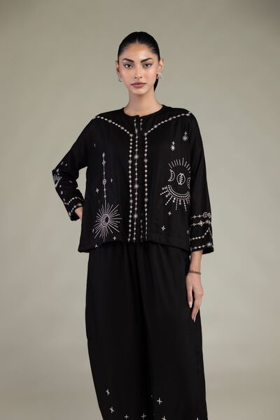 Embroidered | Viscose Crepe | Black Round-Neck Shirt | USD 20.00