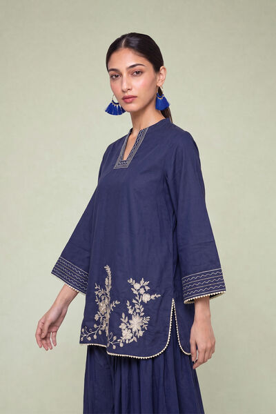 Embroidered | Cambric | Floral Navy Kurta | USD 45.00