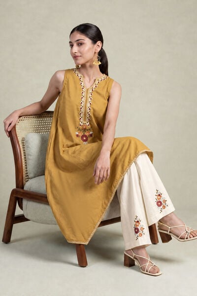Embroidered | Cambric | Mustard Sleeveless Kurta | USD 40.00