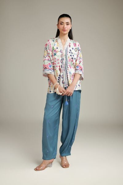 Embroidered | Viscose Crepe | Summer Teal Trousers | USD 17.50