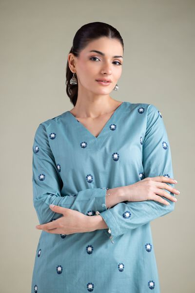 Embroidered | Cotton Dobby | Longline V-Neck Kurta | USD 10.50