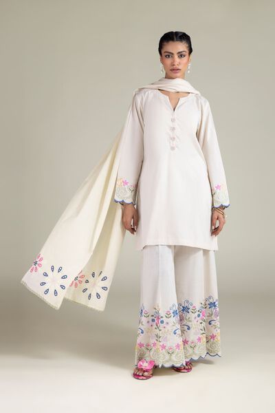 Embroidered | Textured Cotton | Floral Wide-Leg Pants | USD 40.00