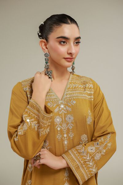 Embroidered | Raw Silk | Geometric V-Neck Kurta | USD 16.50