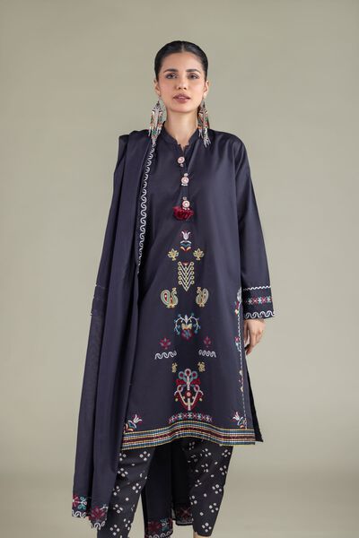 Embroidered | Cambric | Navy Pom-Pom Kurta | USD 40.00