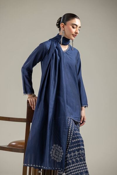 Raw Silk | Navy V-Neck Kurta | USD 20.00