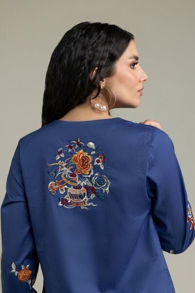 Embroidered | Cambric | Blue V-Neck Kurta | USD 40.00