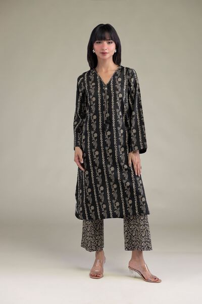 Printed | Cambric | Black V-Neck Kurta | USD 30.00