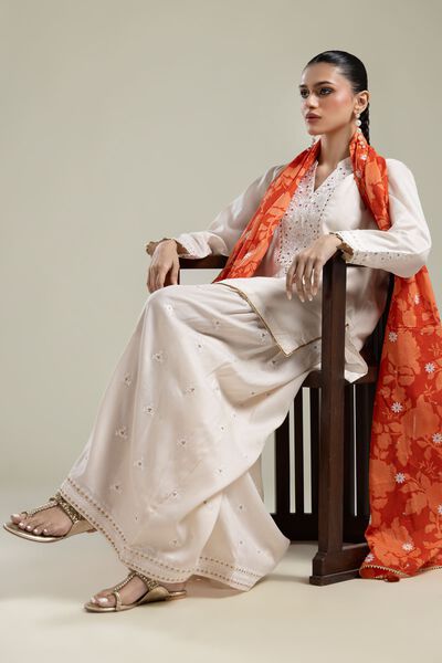 Embroidered | Textured Weave | Orange Floral Dupatta | USD 35.00