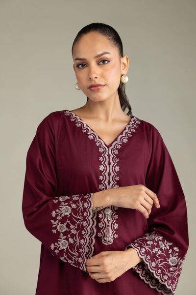 Embroidered | Cambric | Maroon Cambric Kurta | USD 40.00
