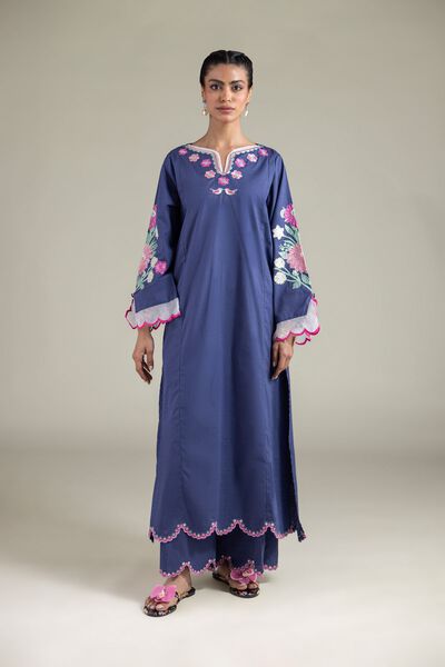 Embroidered | Textured Cotton | Relaxed Scalloped Pants | USD 30.00