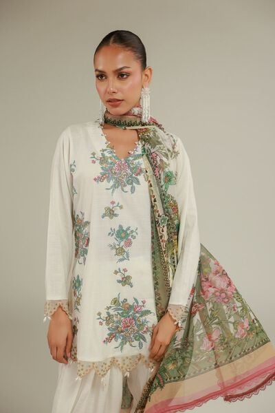 Embroidered | Raw Silk | Floral V-Neck Kurta | USD 35.00