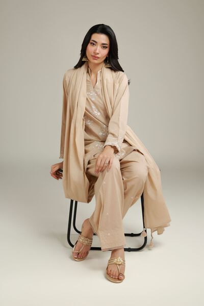 Embroidered | Cambric | Short Beige Kurta | USD 40.00