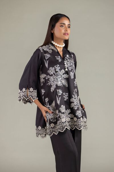 Embroidered | Raw Silk | V-Neck Floral Kurta | USD 18.00