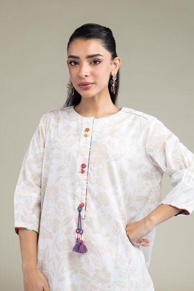 Printed | Cotton Dobby | White Longline Kurta | USD 30.00