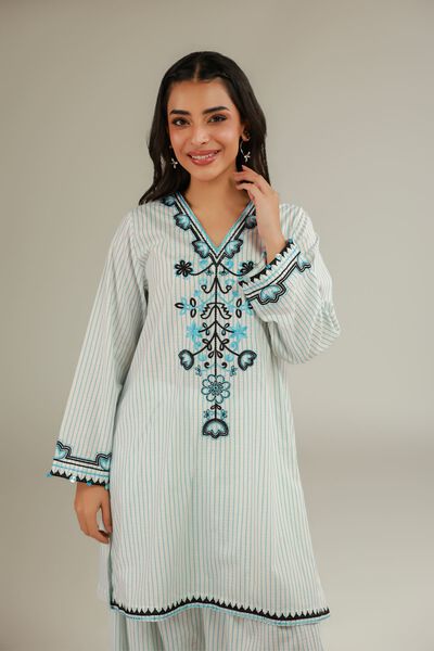 Embroidered | Cotton Dobby | Floral V-Neck Kurta | USD 35.00