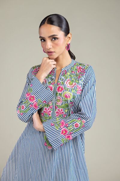 Embroidered | Cambric | Blue Floral Kurta | USD 35.00