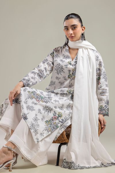 Embroidered | Cotton Dobby | White V-Neck Kurta | USD 35.00