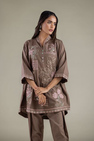 Embroidered | Cotton Dobby | Floral V-Neck Kurta | USD 40.00